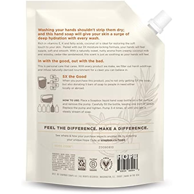 Soapbox LIQUID HAND SOAP REFILL, COCONUT MILK & SANDALWOOD | VEGAN, PARABEN FREE, MOISTURIZING, NATURAL HAND WASH REFILL FOR KITCHEN AND BATHROOM, 64OZ HALF GALLON REFILL (PACK OF 1) - Image 5